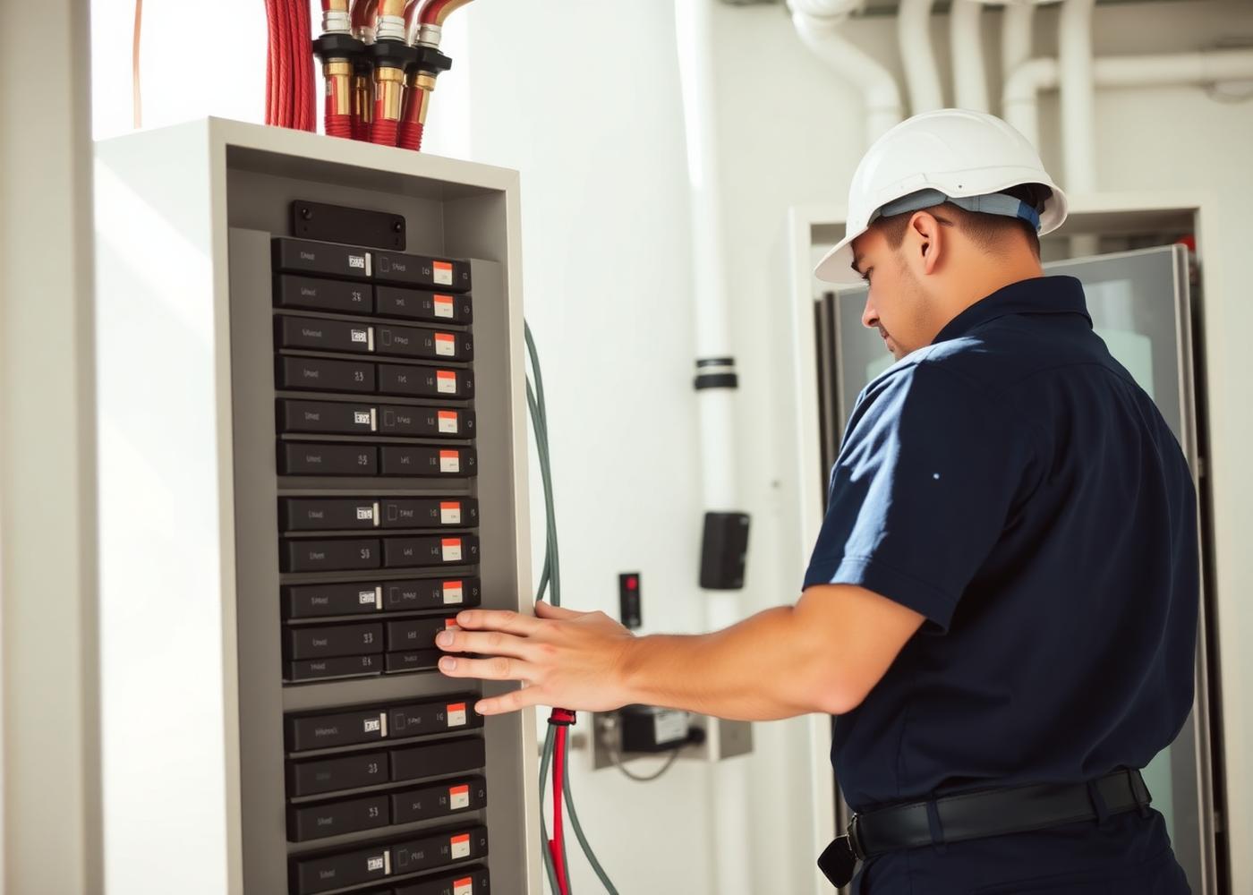 Electrician working on a commercial breaker panel