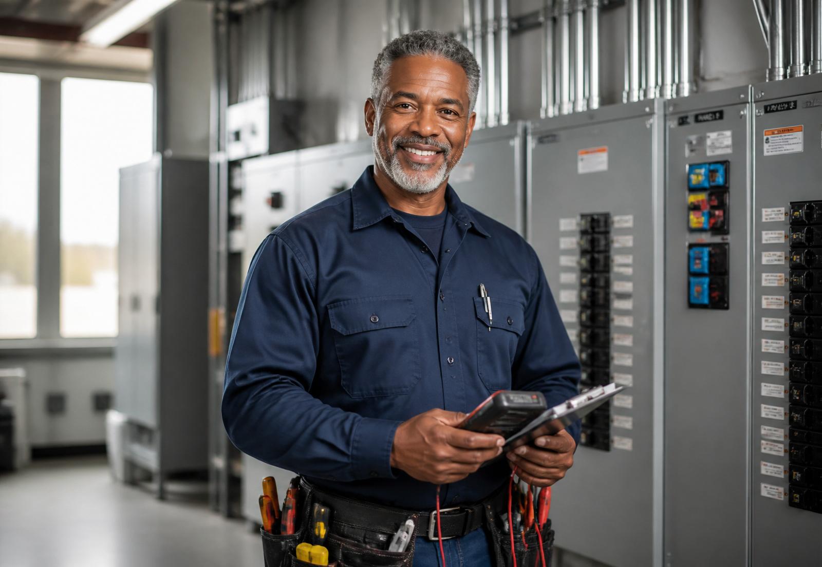 Professional electrician standing beside commercial electrical panels