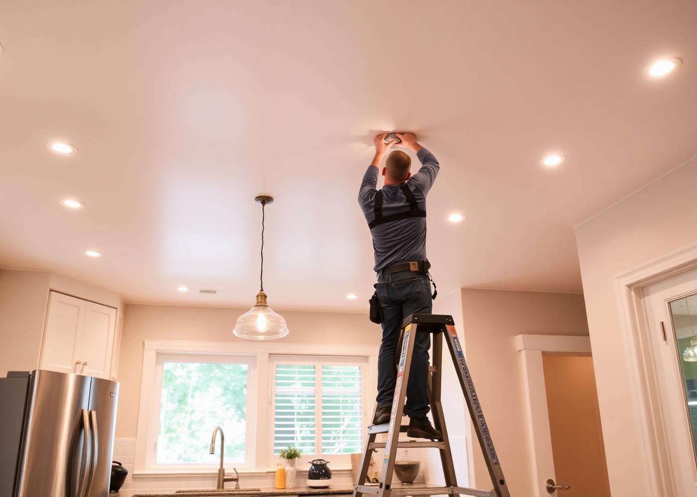 Electrician installing recessed lighting in a modern residential kitchen